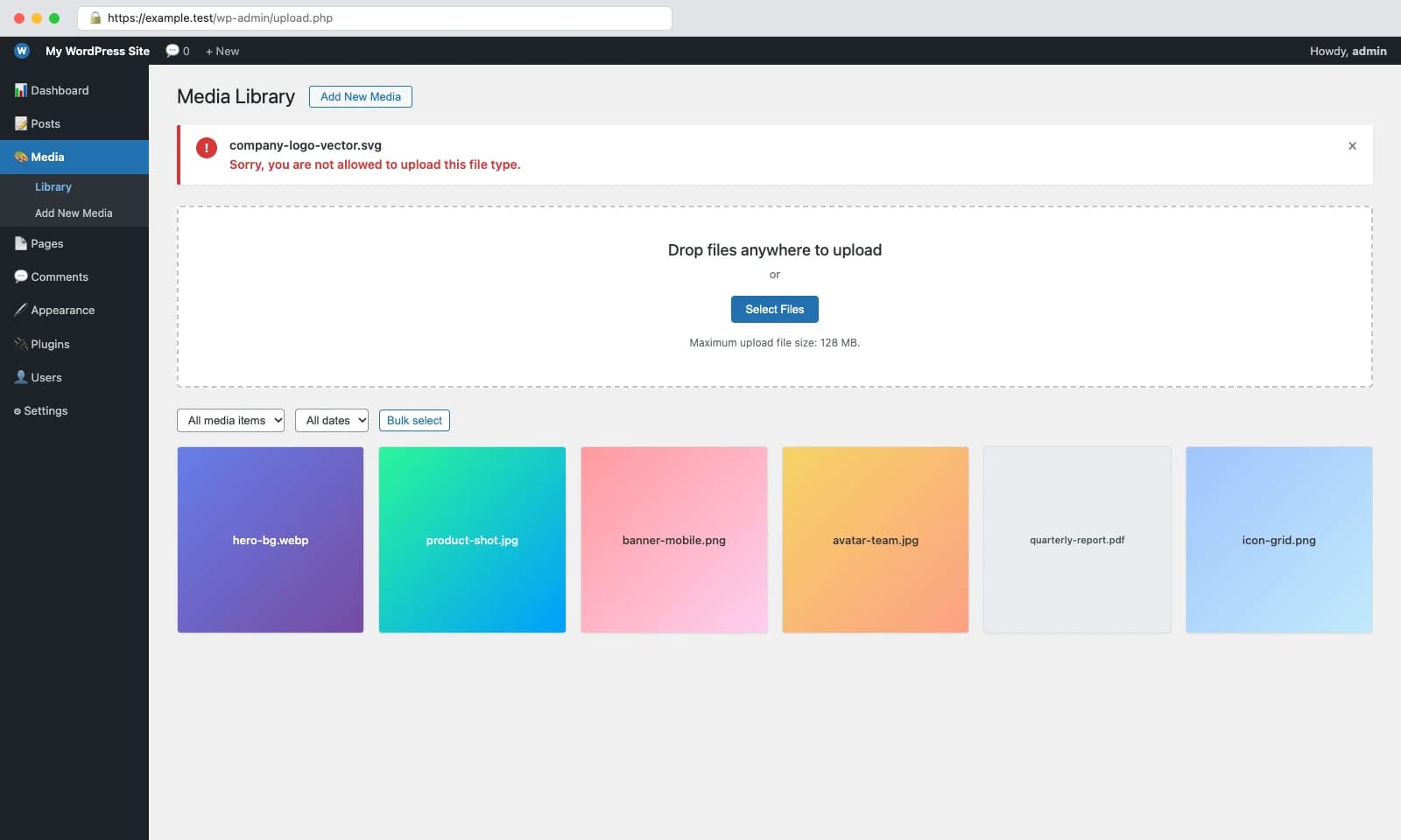 WordPress Media Library displaying Sorry you are not allowed to upload this file type error modal