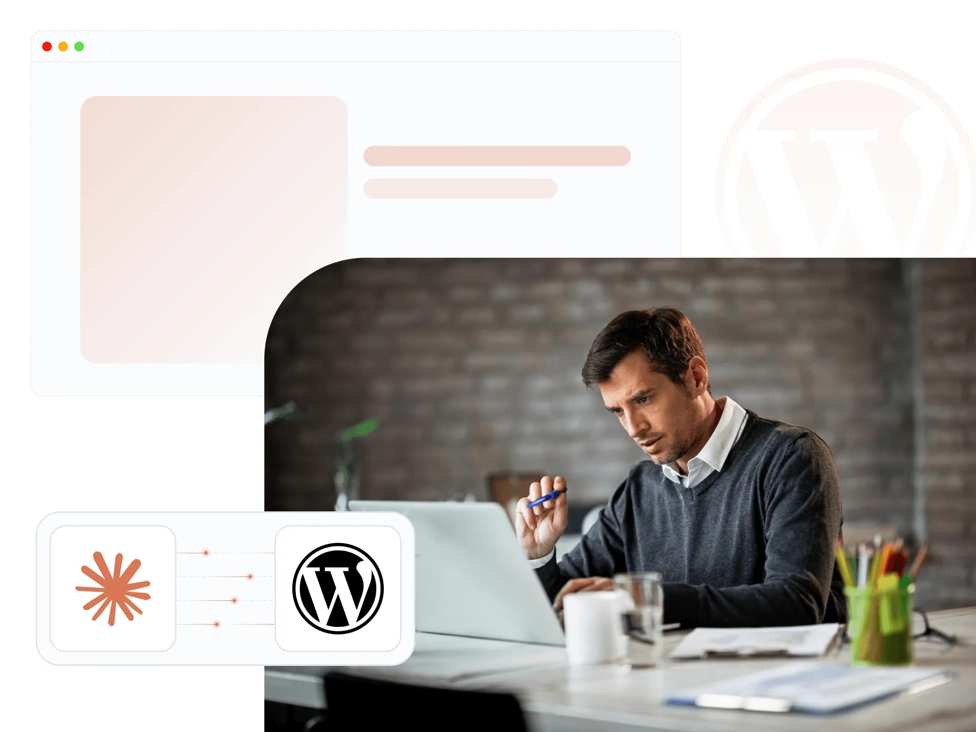 Developer converting a Claude AI-built website to WordPress, shown by the Claude and WordPress logos linked
