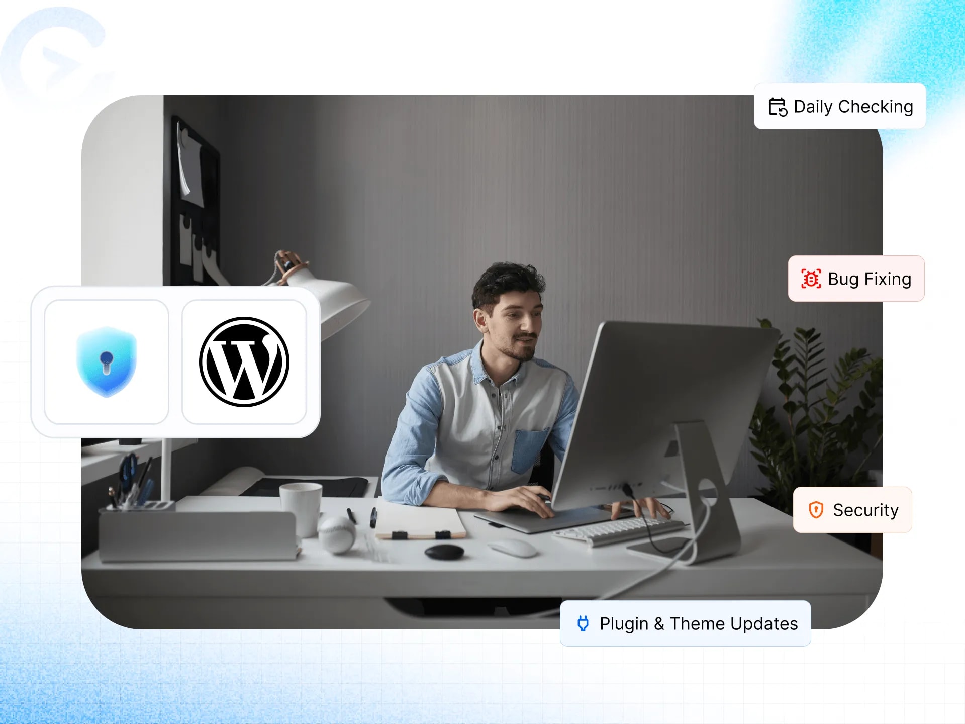Developer hardening a WordPress website, with a security shield, the WordPress logo and security and bug-fix checks