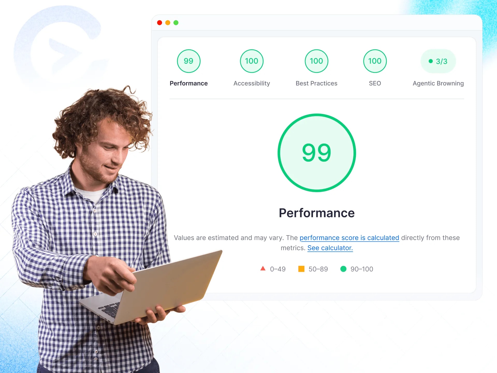 Developer holding a laptop beside a Lighthouse report scoring 99 for performance and 100 for accessibility, best practices and SEO