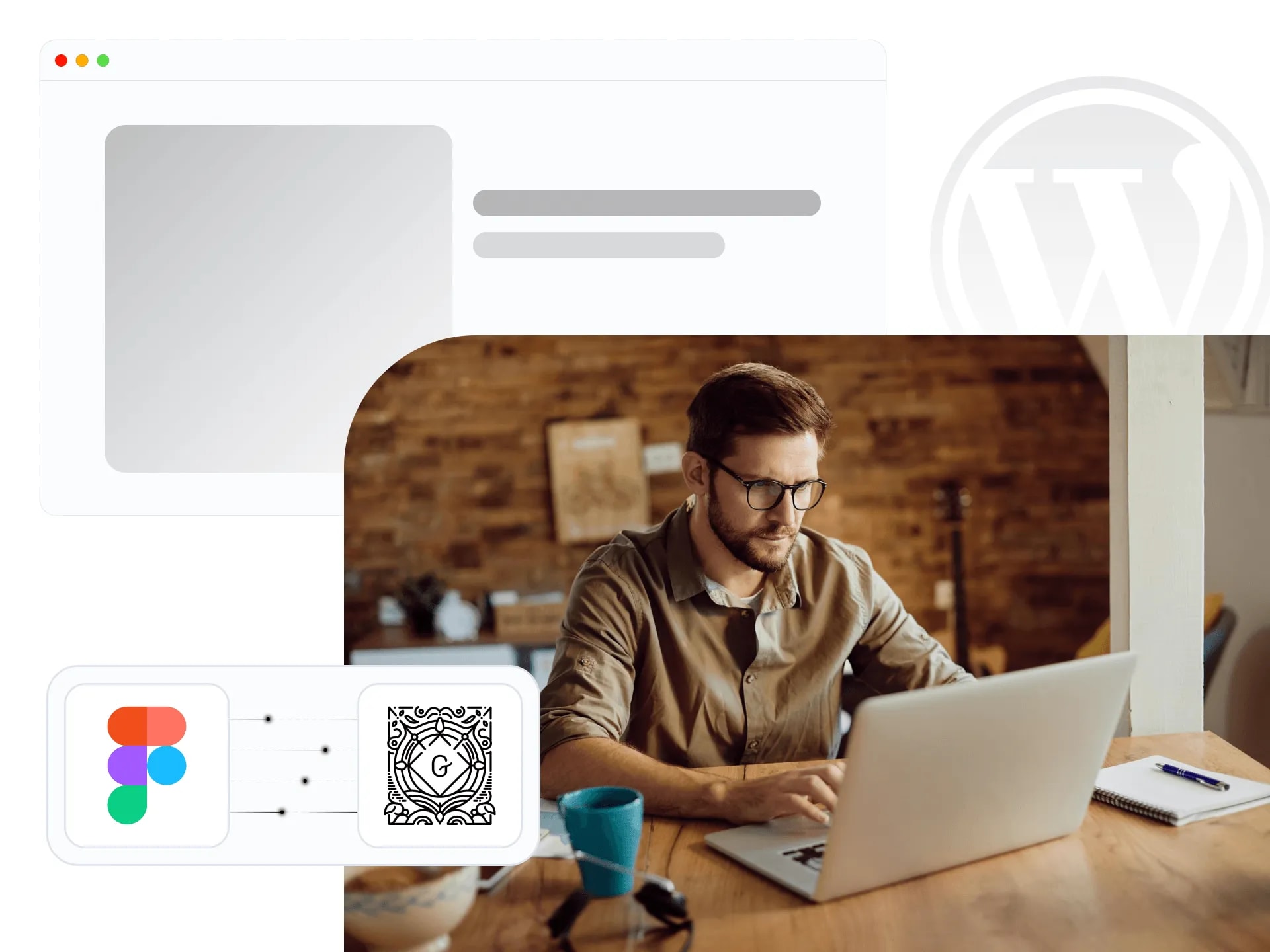Developer converting a Figma design into a WordPress Gutenberg block website, with the Figma and Gutenberg logos linked