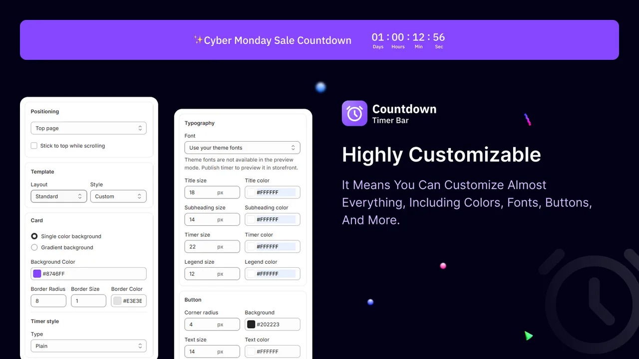 The Countdown Timer Bar positioning, template and typography settings