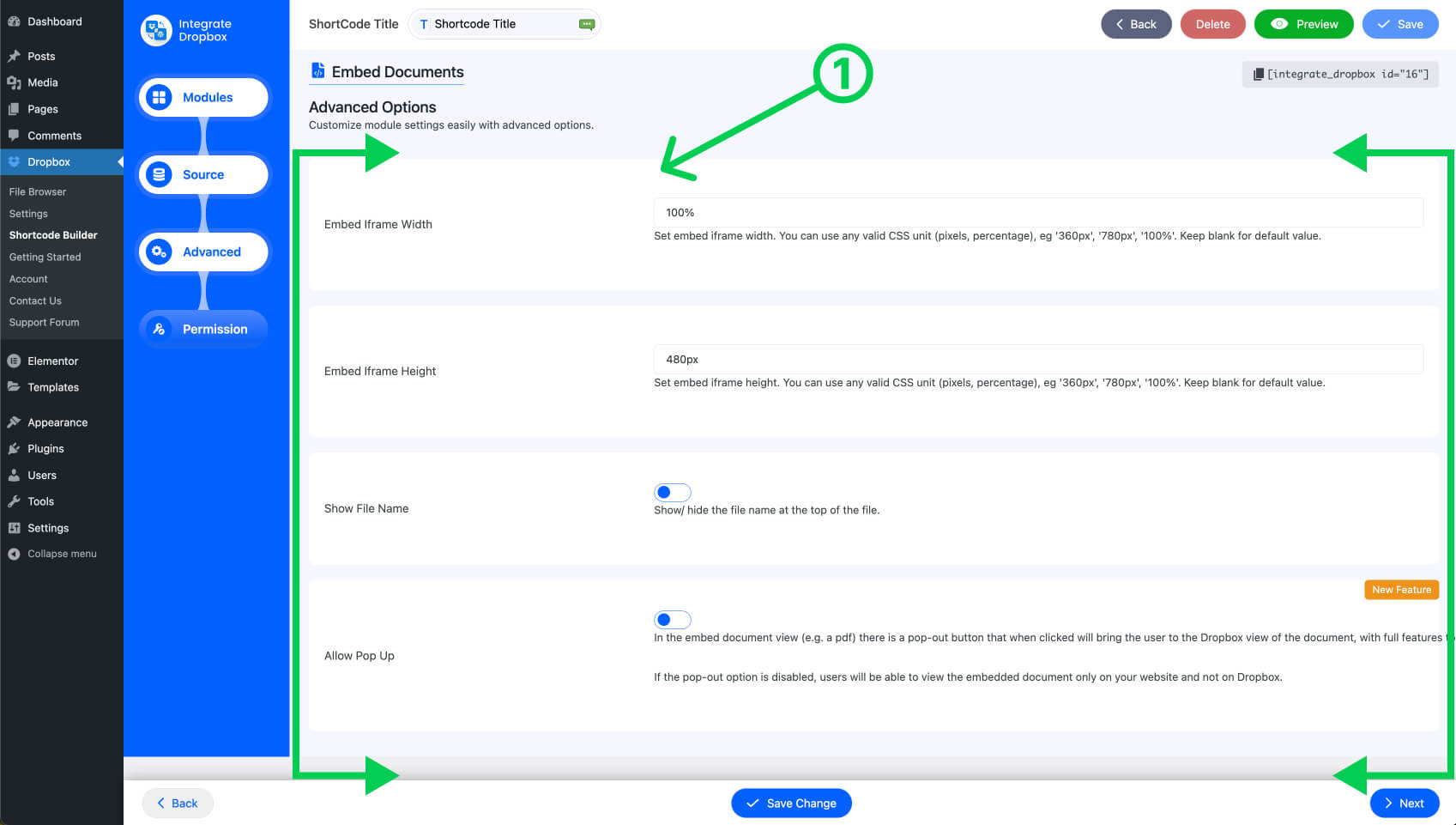 Embed Documents Module Shortcode in Integrate Dropbox