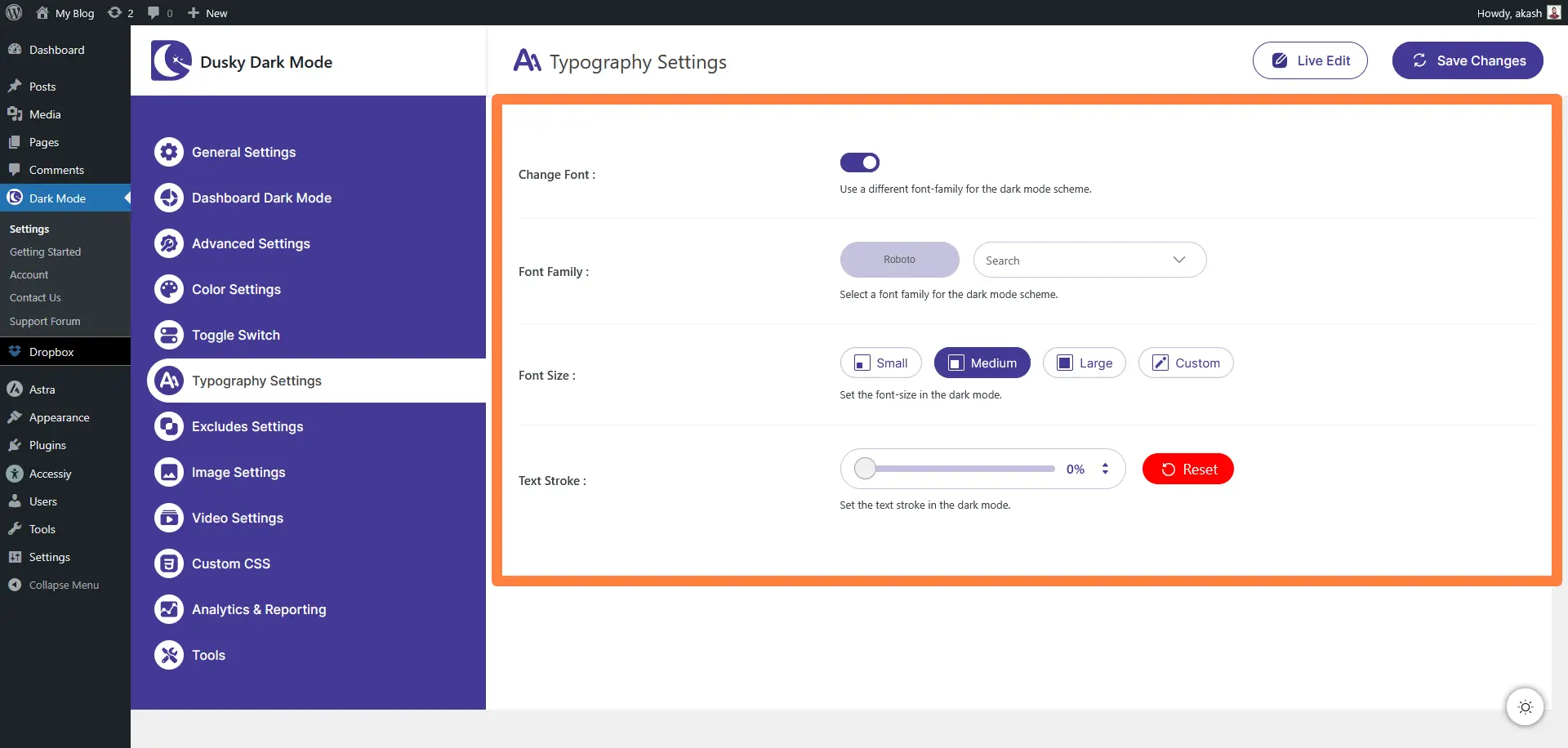 How to Setup Typography Settings in Dusky Dark Mode Plugin 1 Typography Settings in Dusky Dark Mode Plugin