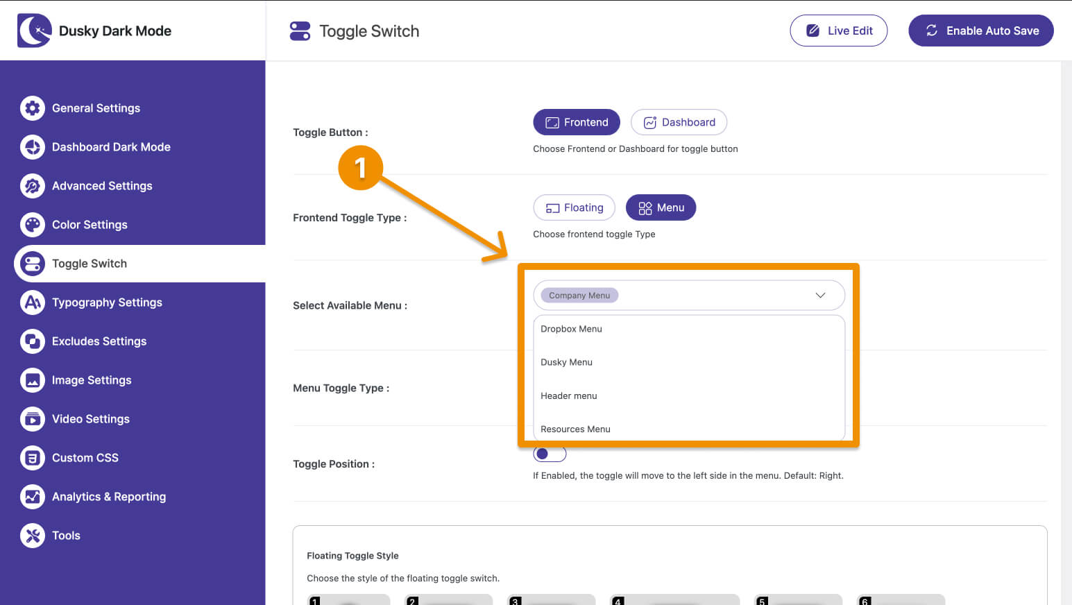 Dusky Toggle available menu