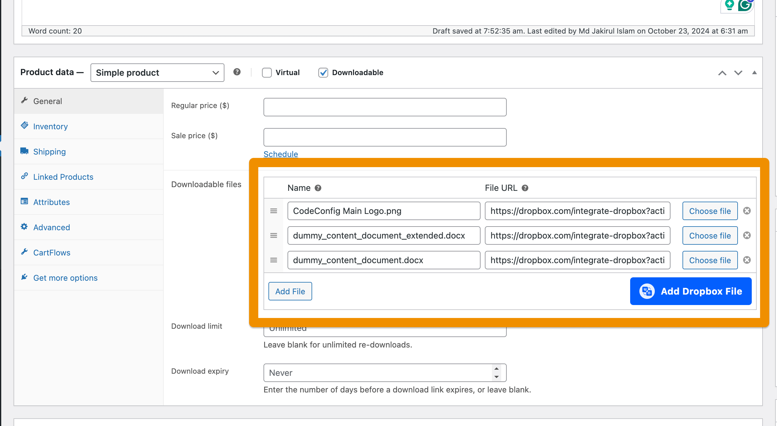 Select Dropbox files for Downloadable products