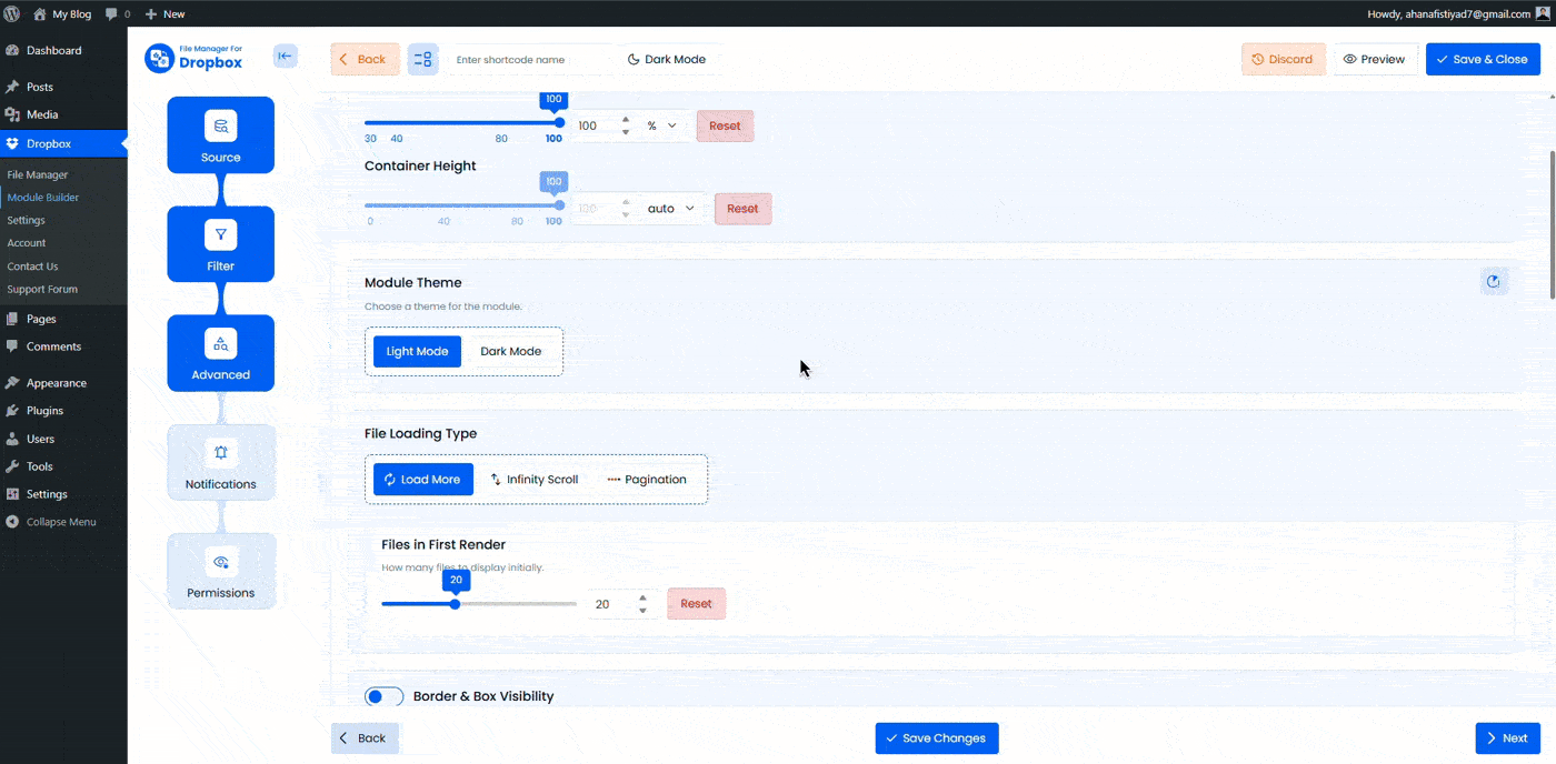 Advanced Tab of File Manager For Dropbox