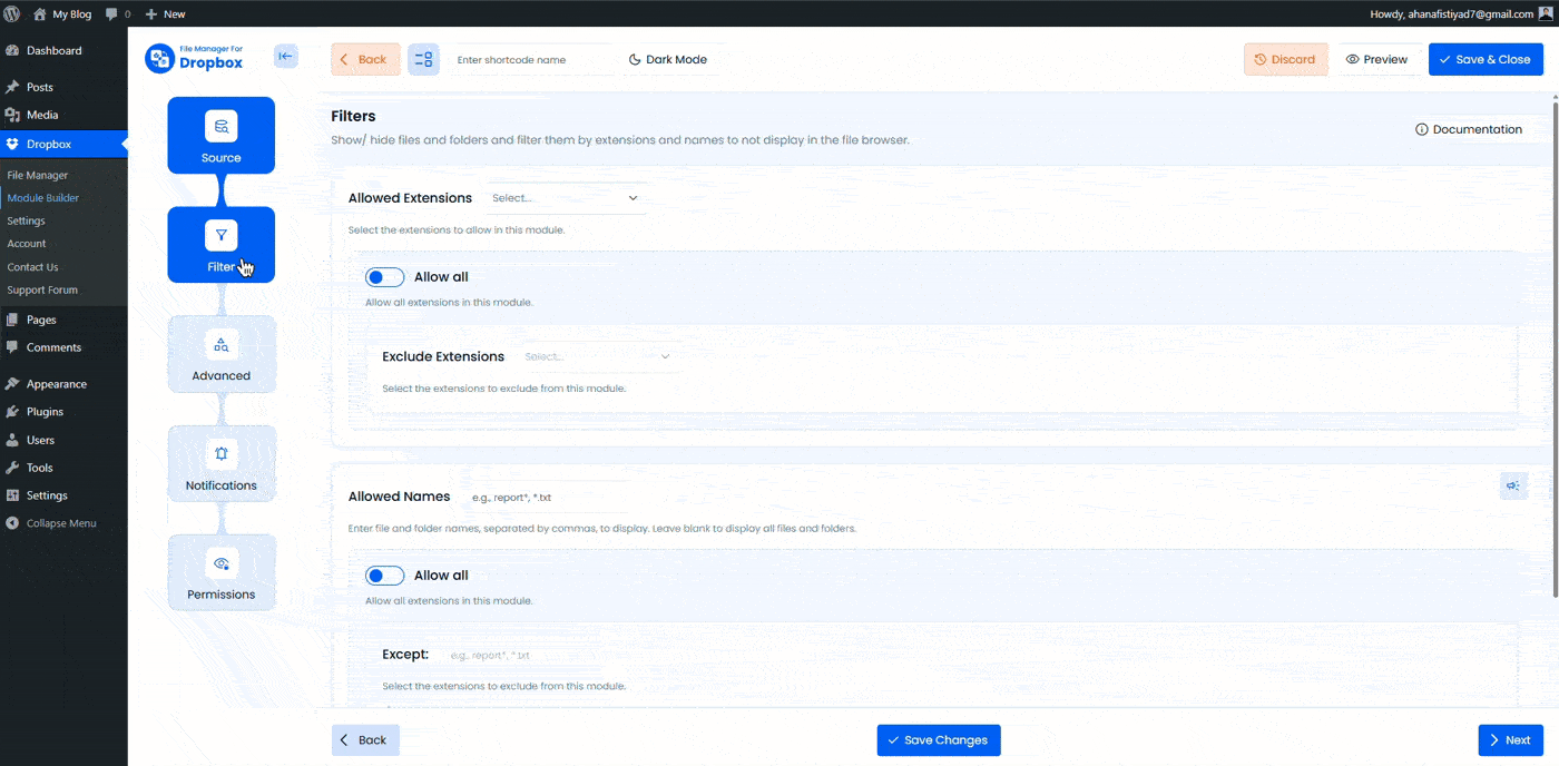 Filter Tab of File Manager For Dropbox
