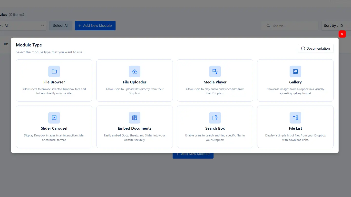 Select a Module from of File manager For Dropbox