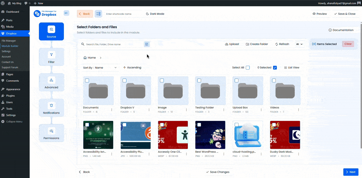 Source Tab File selection of File Manager For Dropbox