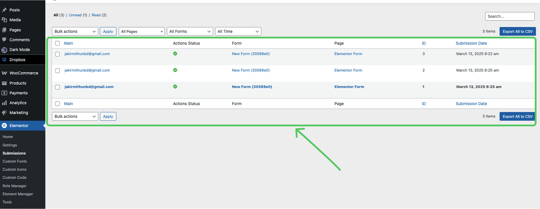 Submittions in Elementor