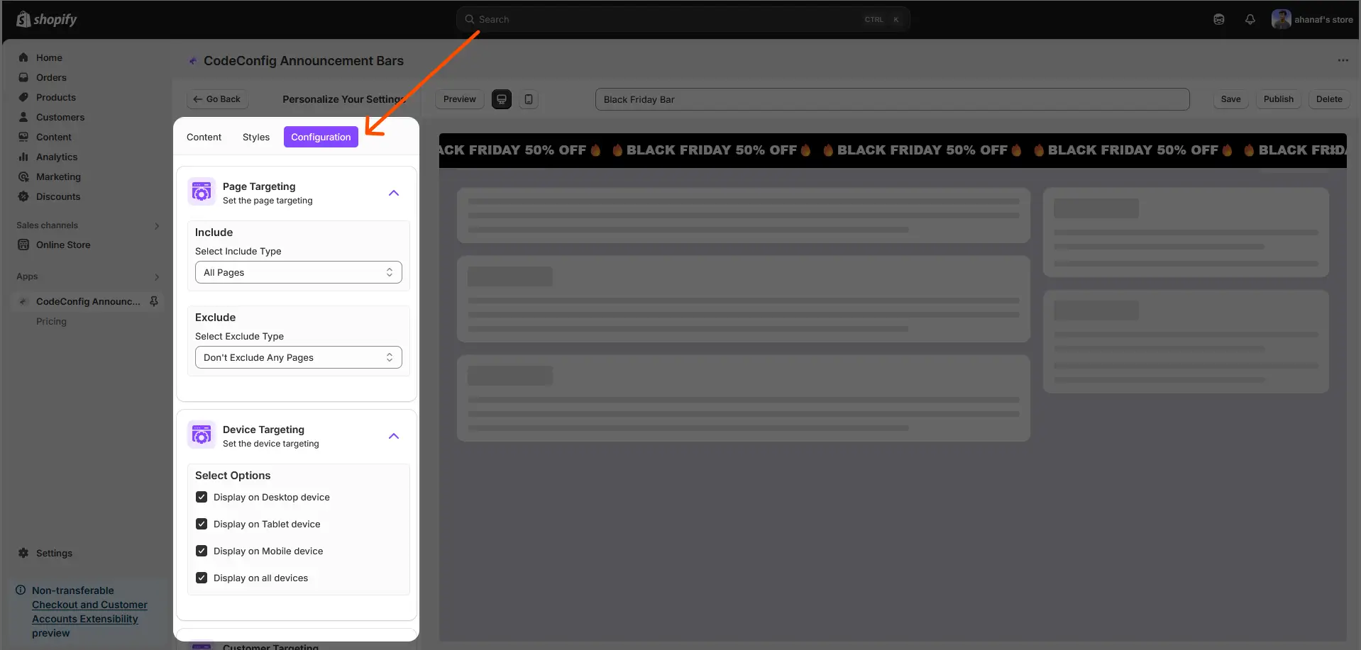 announcement bar configuration settings