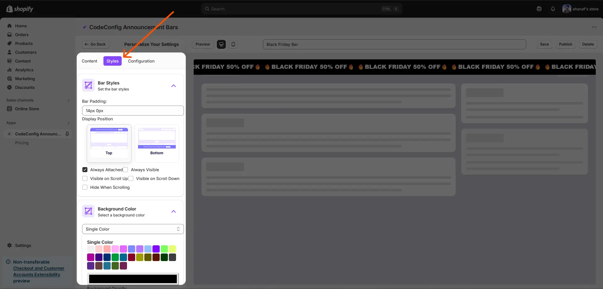 announcement bar style settings