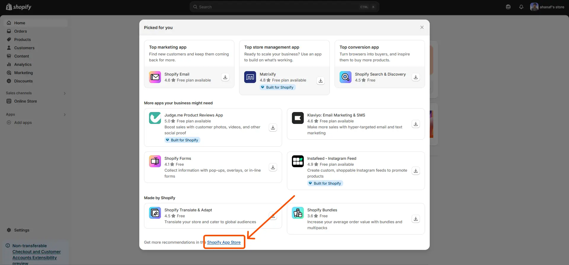 click on the shopify app store link