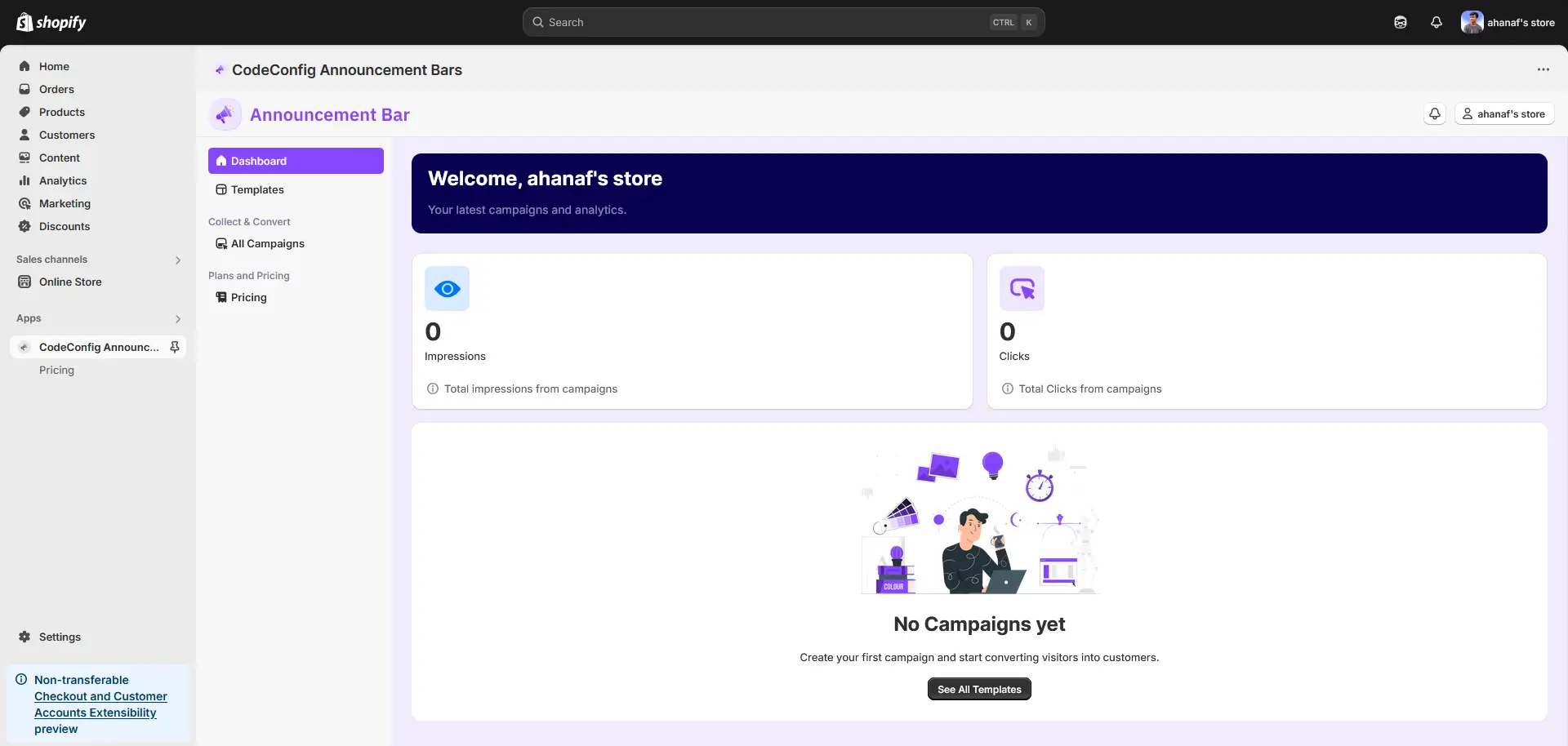 open the codeconfig announcement bar app from your shopify admin