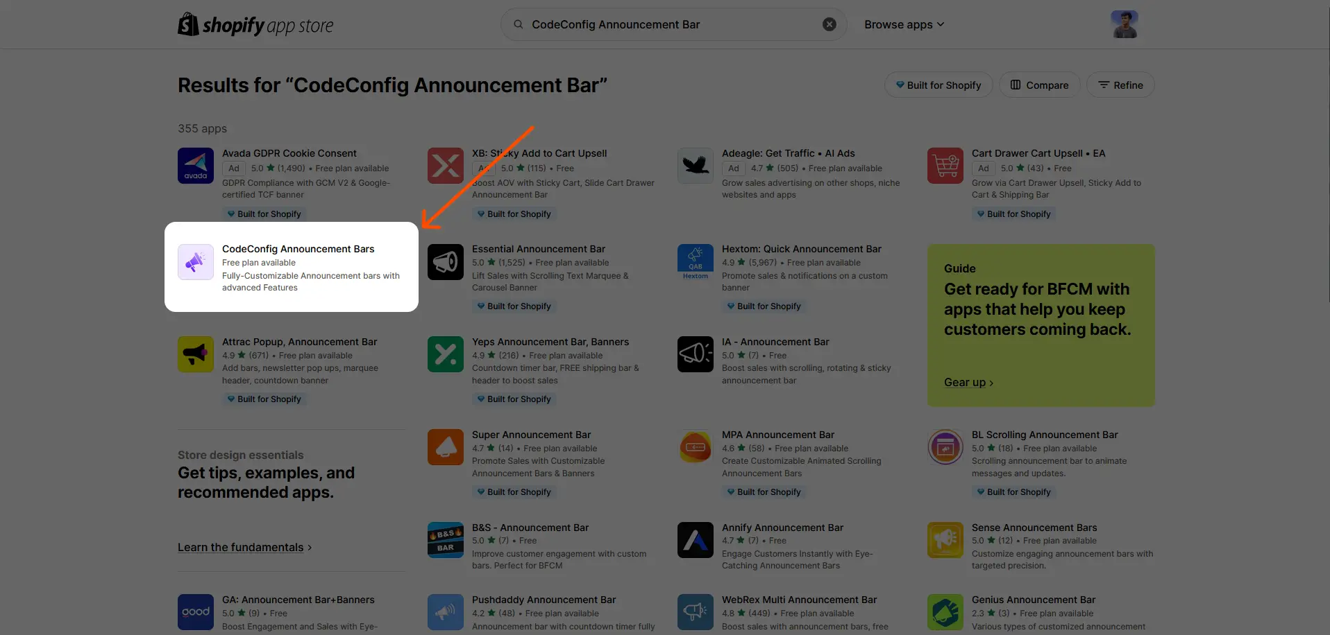 search codeconfig announcement bar