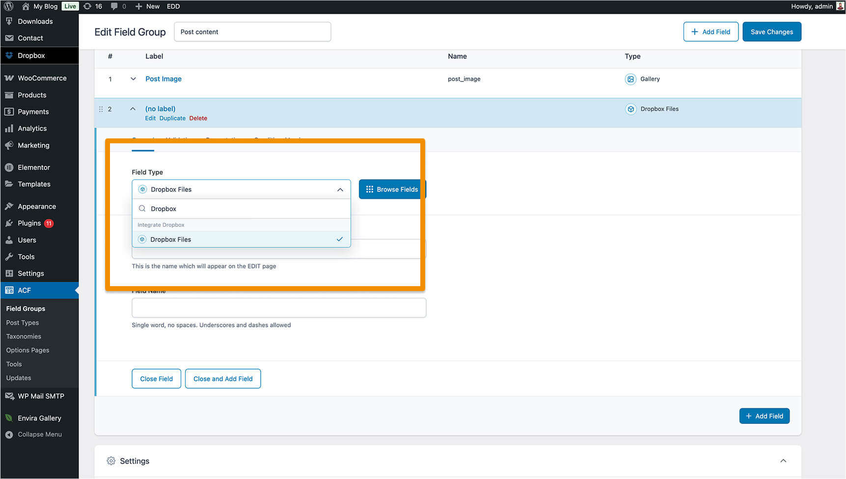 Create Dropbox Files Field From ACF