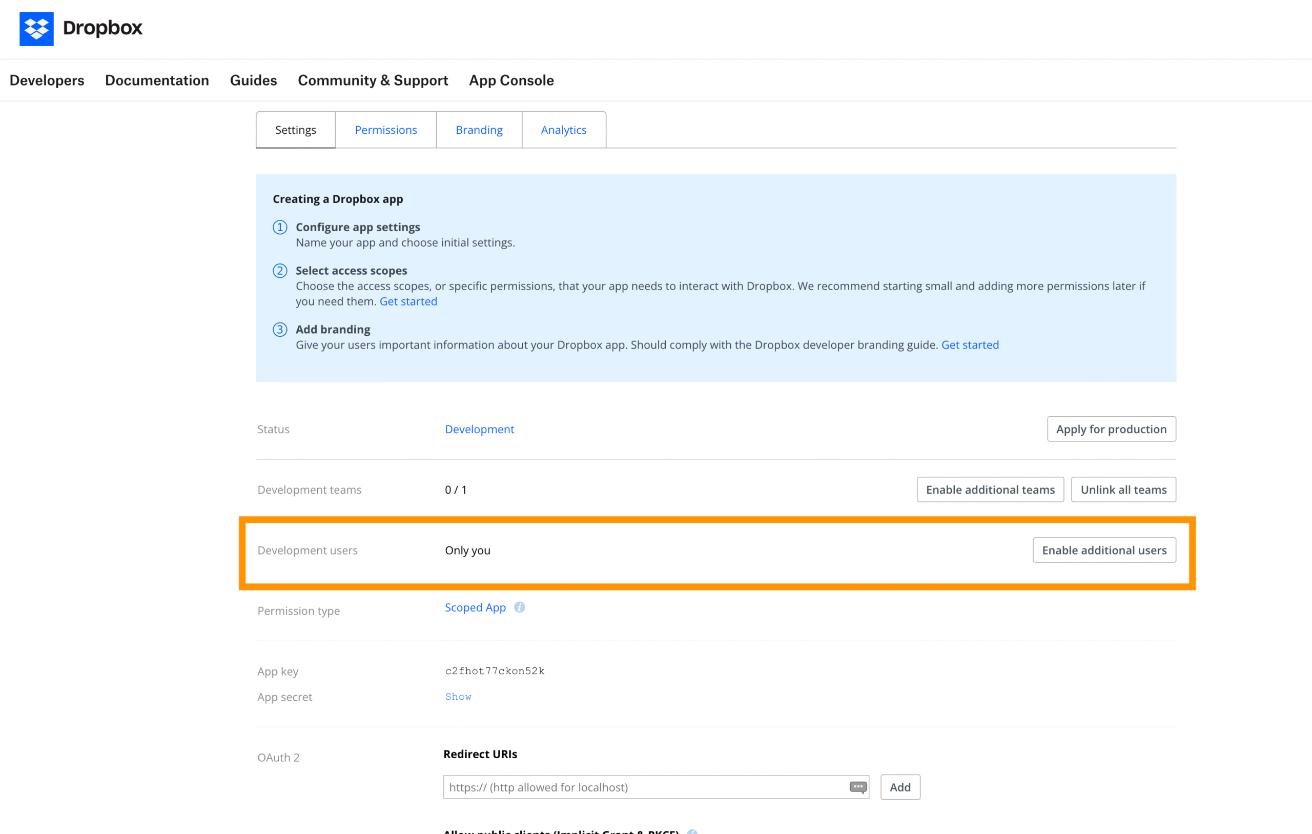 Enable Additional users in Dropbox App Console