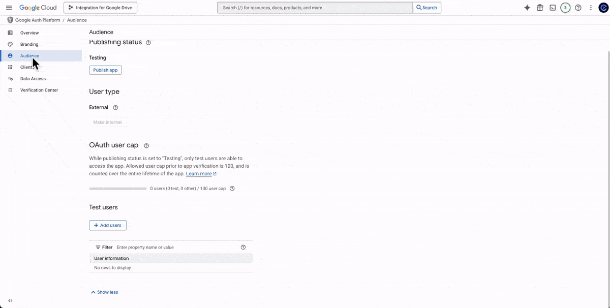 Integration For Google Drive Create OAuth Client ID Credentials