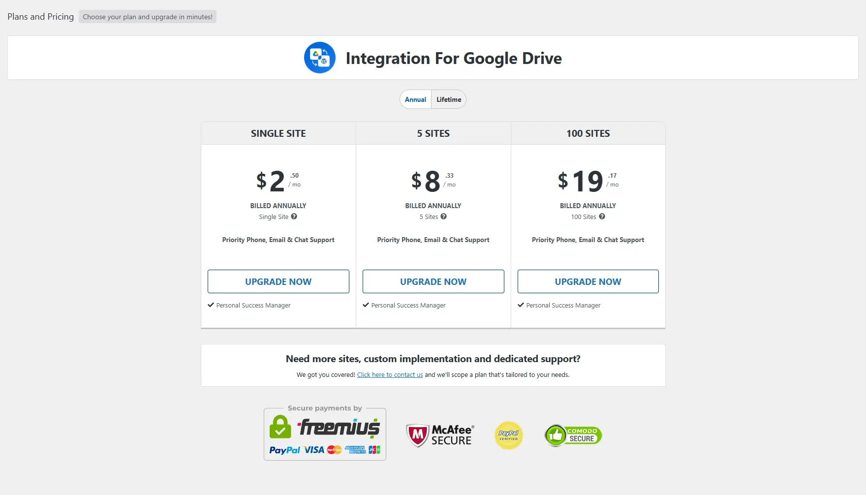 Pricing page of integration for google drive