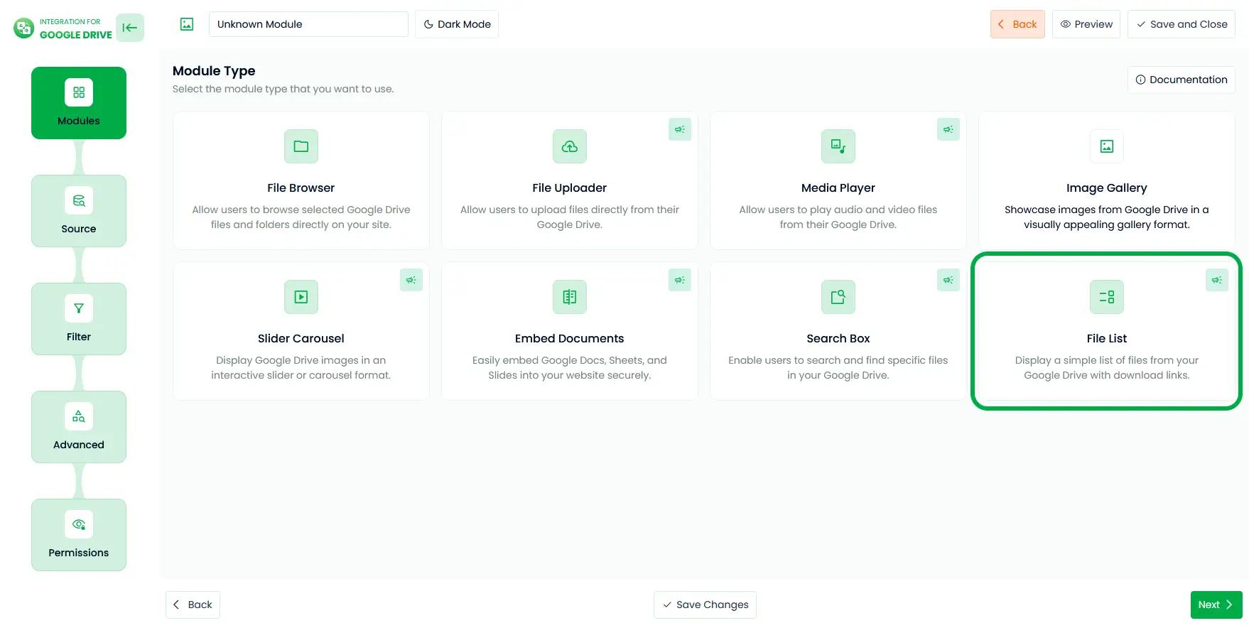 How to Create List Module Using Google Drive? 1 Choose Google Drive List View Module In WordPress