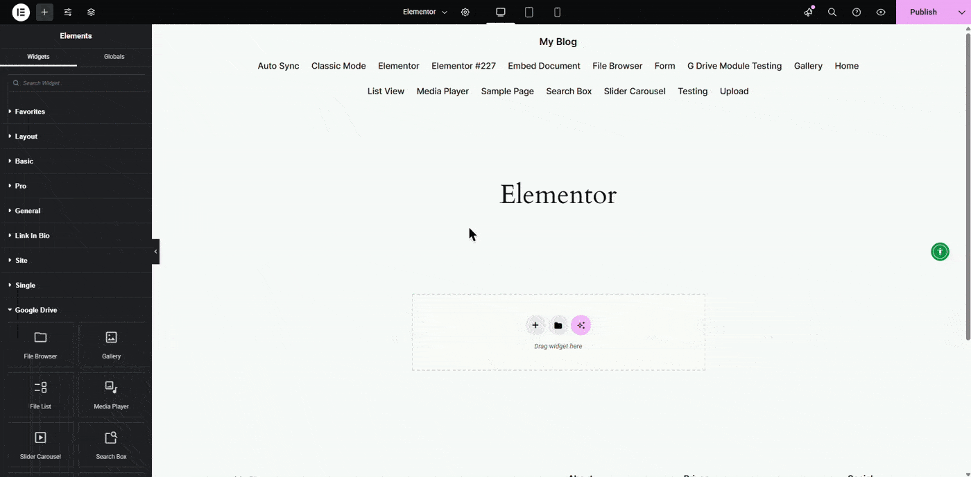 How to Use Integration for Google Drive In Elementor? 2 Inserting Google Drive Widget to Elementor