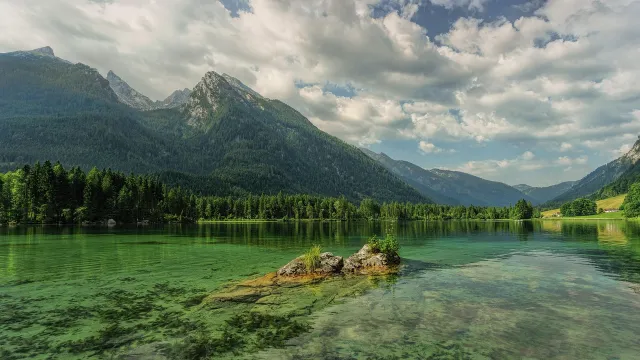Alpine lake with a wooded island