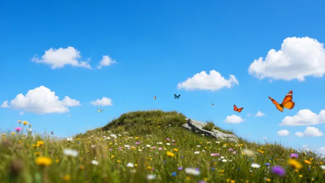 Wildflower meadow under a blue sky